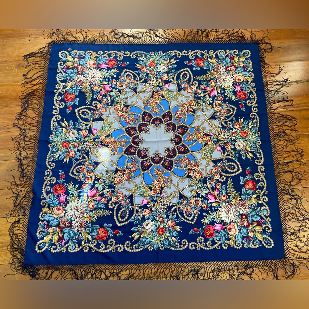 Wool Scarf Vibrant Floral Pattern with crochet Fringe all around‎ 57” Square